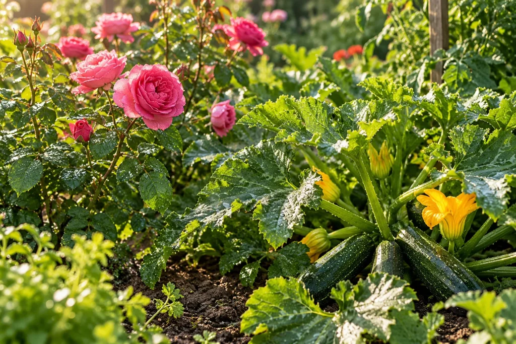 Rosiers et légumes au feuillage propre et sain au jardin, gouttes d'eau sur les feuilles après un arrosage
