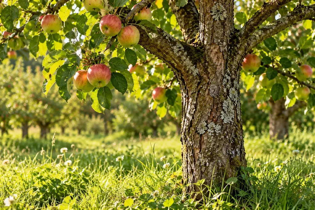 Tronc d'arbre fruitier au verger, écorce saine, feuillage vert et quelques fruits, herbe au pied