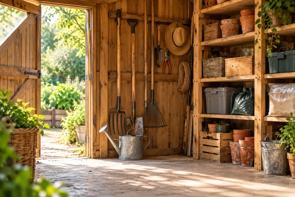 Abri de jardin ou grange rangé, outils suspendus, sacs fermés sur des étagères, sol propre