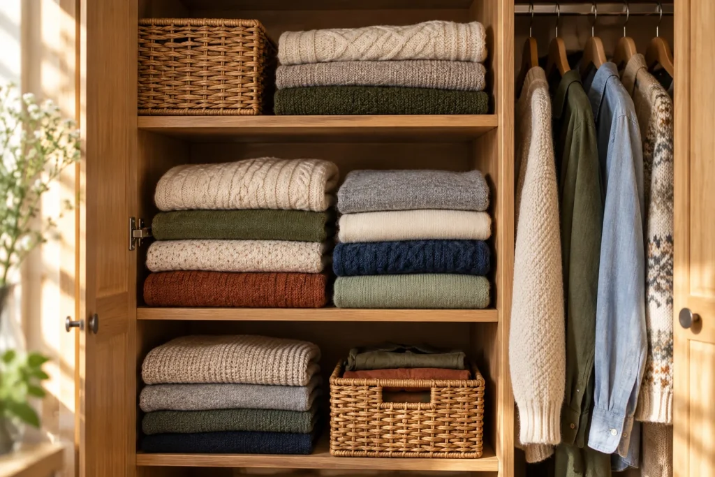 Armoire ouverte avec des pulls en laine et des vêtements bien pliés, rangement propre et lumineux