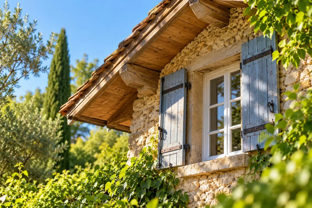 Avant-toit et fenêtre de grenier d'une maison de campagne, vus de l'extérieur, en été