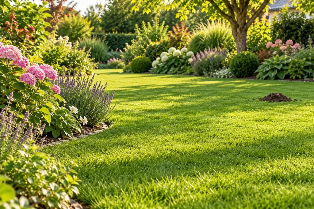 Belle pelouse de jardin régulière et bien verte, bordée de massifs ; une seule petite taupinière au loin