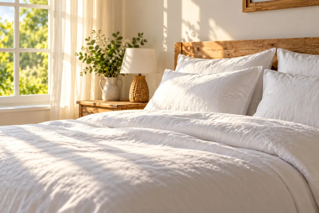 Chambre propre et lumineuse, lit fait avec des draps blancs