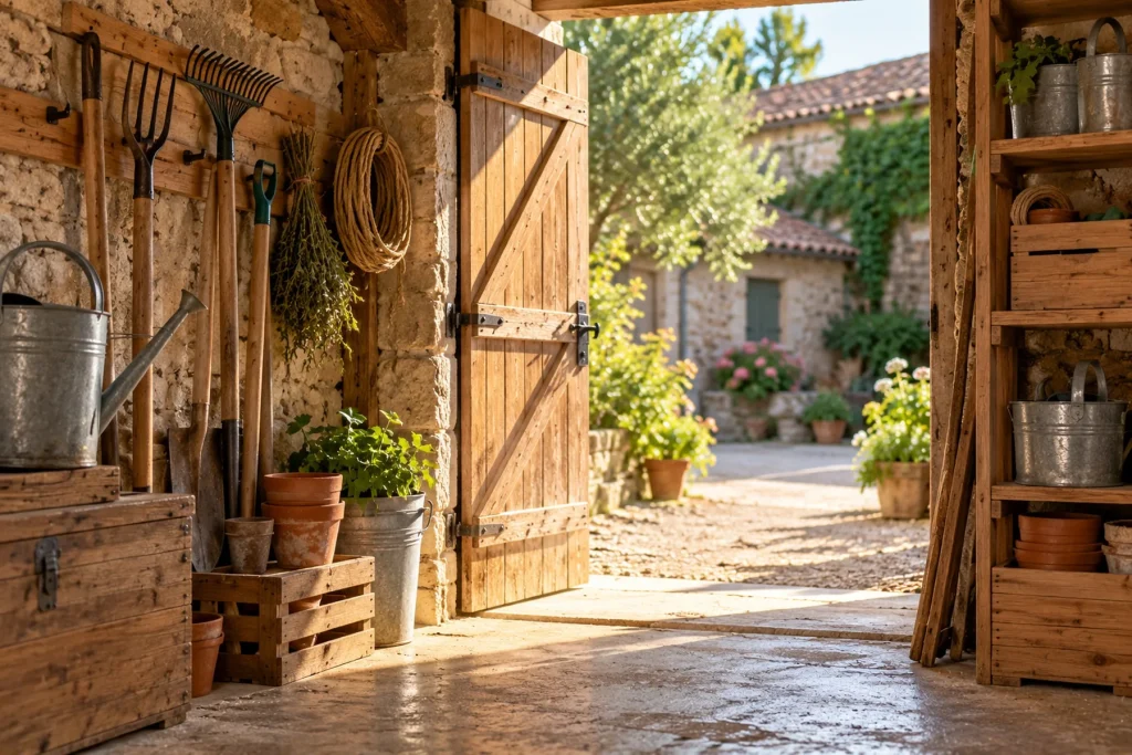 Écurie ou cellier de campagne propre et rangé, porte ouverte sur la cour