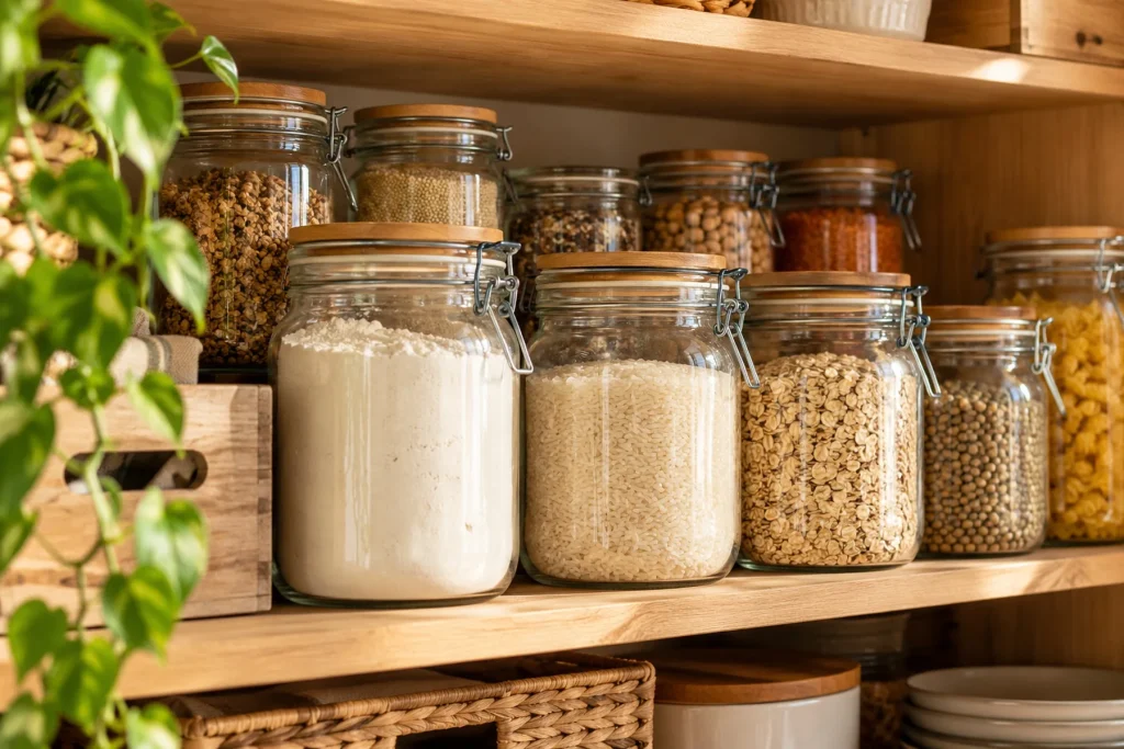 Garde-manger ou placard de cuisine rangé : bocaux en verre de farine, de riz et de céréales bien fermés