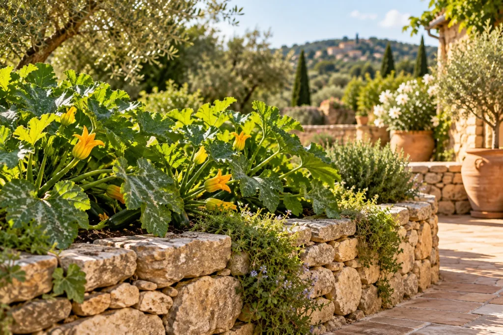 Muret de pierres sèches et terrasse au soleil dans un jardin du sud