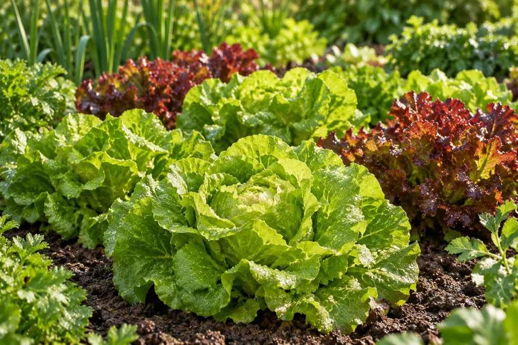 Planche de salades bien pommées et intactes au potager, après la pluie