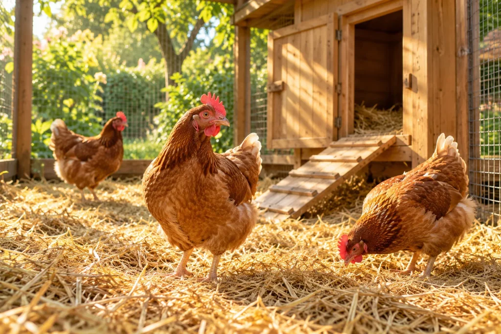 Poulailler de jardin propre avec des poules en bonne santé sur la paille, à la lumière du matin