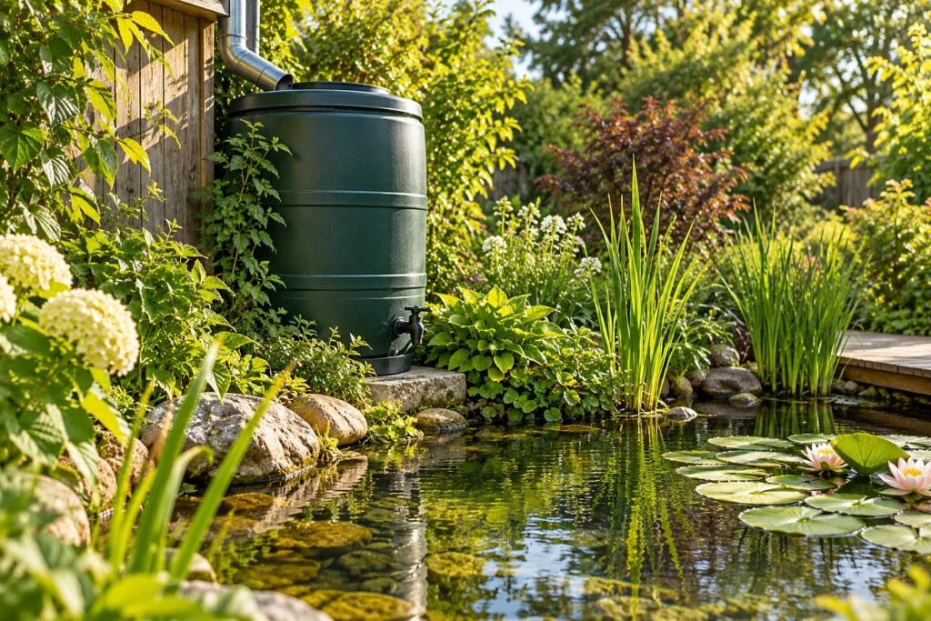 Récupérateur d'eau de pluie et bassin de jardin, eau claire, végétation autour