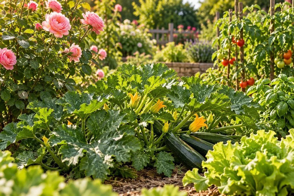 Rosiers et légumes au feuillage sain au jardin, sans traces de maladie ni d'insecte