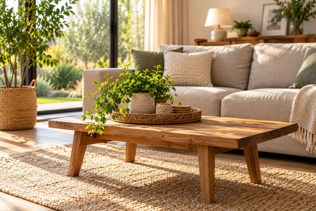 Salon propre et lumineux, tapis et canapé en tissu, rangé