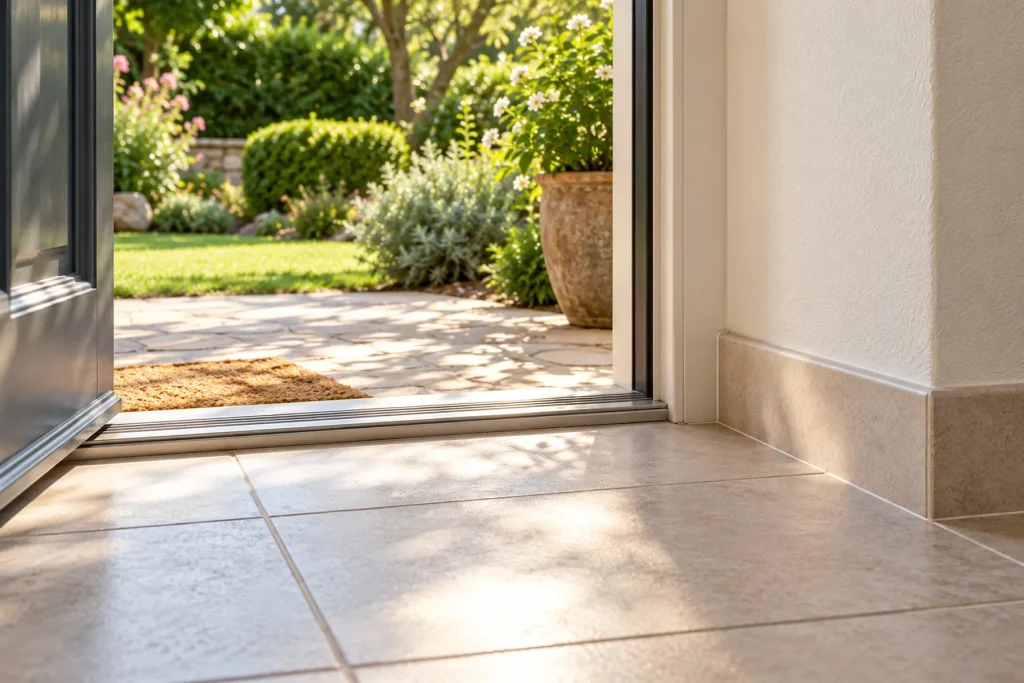 Seuil de porte et plinthe d'une maison propre, carrelage net, porte ouverte sur le jardin