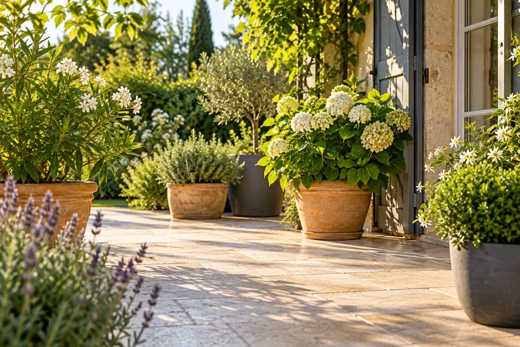 Terrasse dallée propre devant une maison, bordée de plantes en pot, au soleil