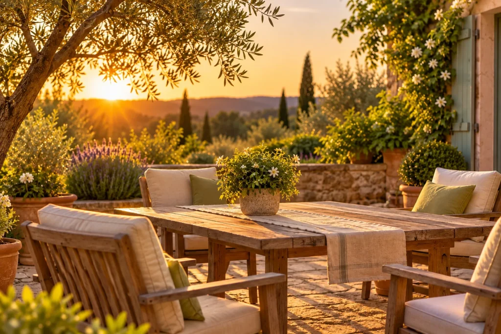 Terrasse de jardin au coucher du soleil en été, fauteuils et table, lumière chaude