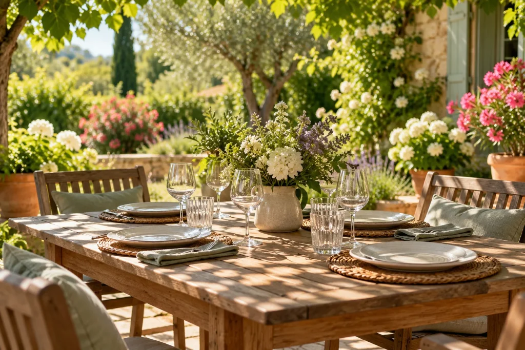 Terrasse de jardin en été, table en bois dressée pour un repas à l'ombre, fleurs autour
