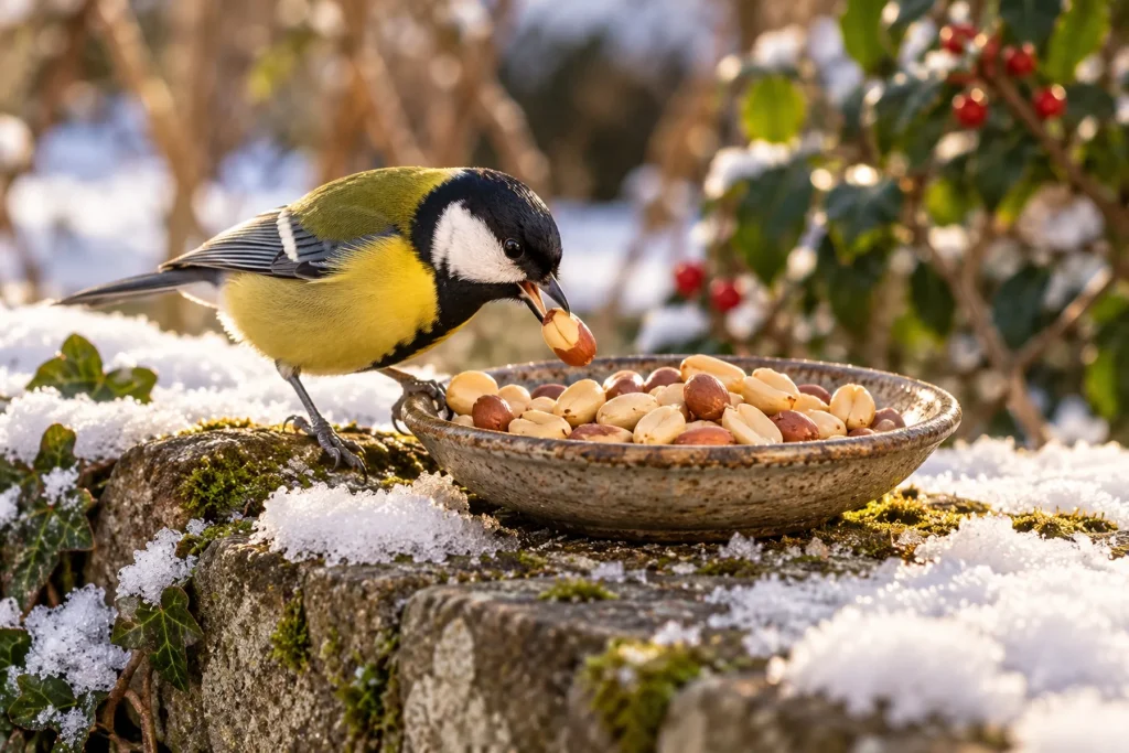 Arachides décortiquées dans une coupelle sur un muret en hiver, une mésange charbonnière qui en prend une