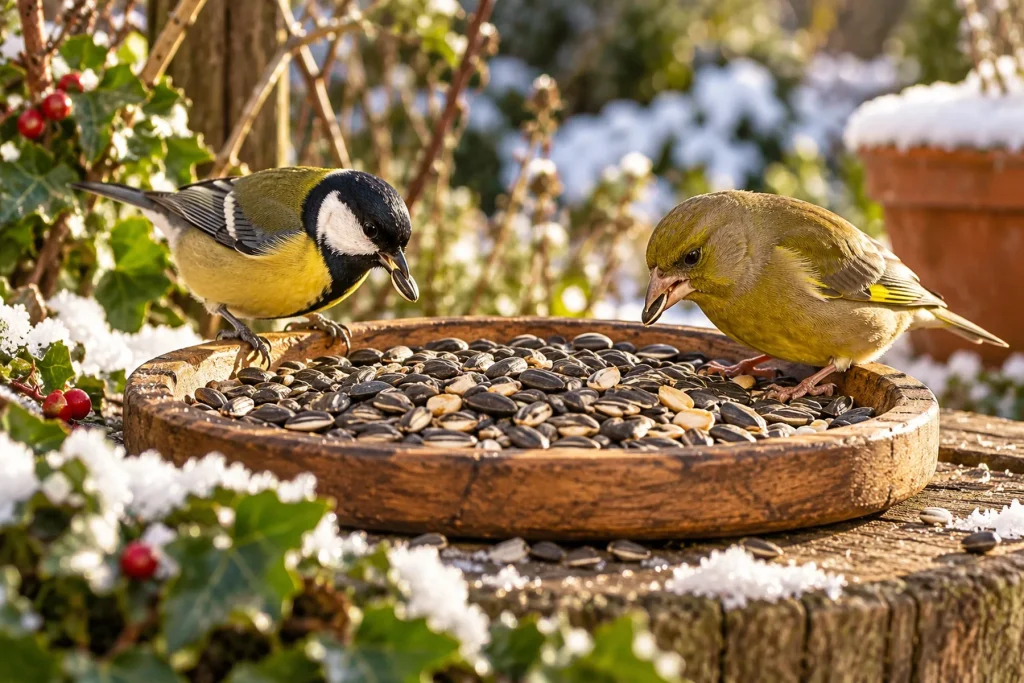 Graines de tournesol sur un plateau en bois au jardin en hiver, une mésange et un verdier qui les picorent