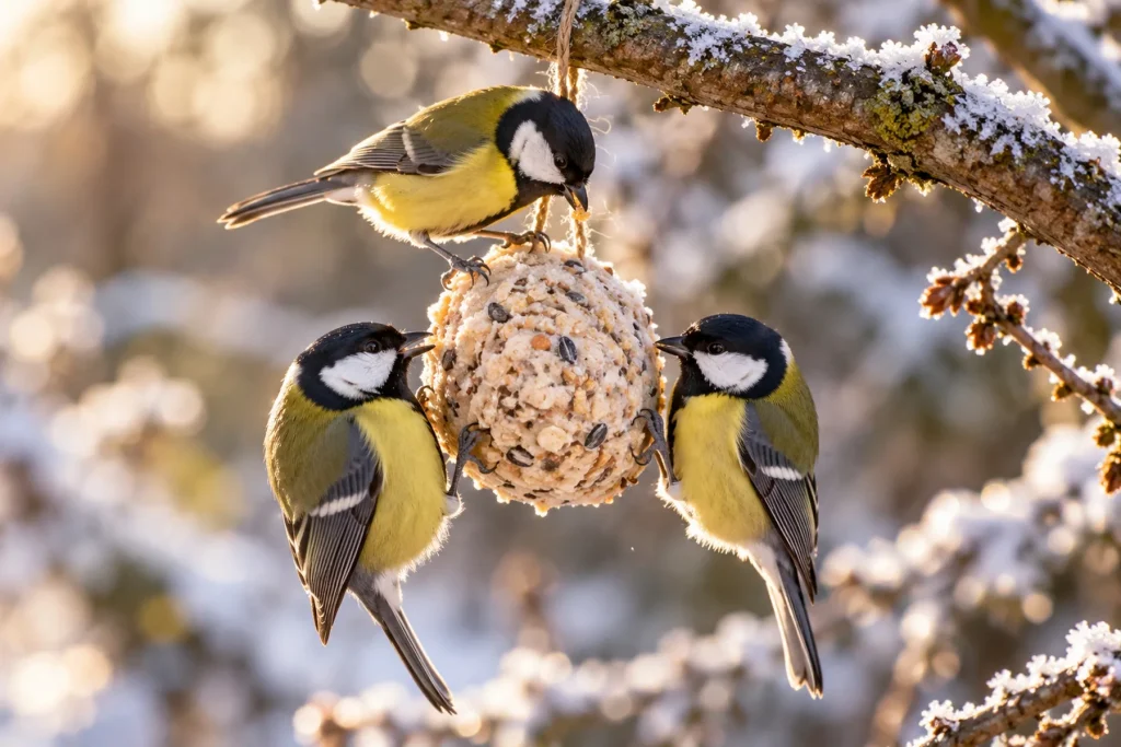 Mésanges se nourrissant d'un bloc de graisse accroché à une branche en hiver, givre léger