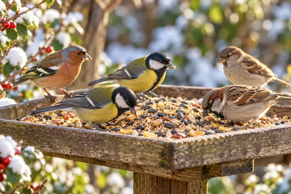 Oiseaux du jardin (mésanges, pinsons, moineaux) se nourrissant d'un mélange de graines sur un plateau en bois en hiver