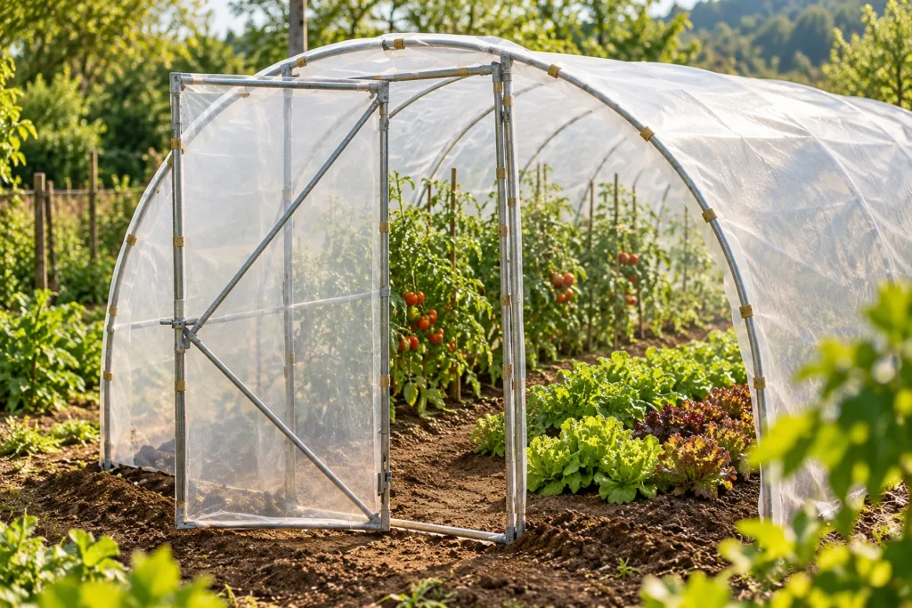 Serre tunnel de jardin installée au fond d'un potager familial, bâche translucide, porte ouverte sur des rangs de tomates et de salades à l'intérieur, au printemps