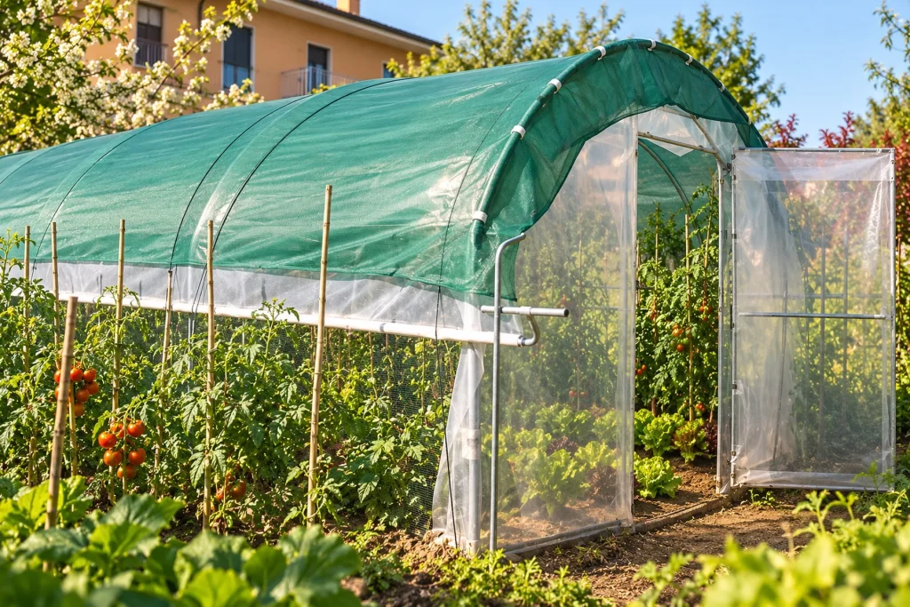 Serre tunnel de jardin Premium installée au fond d'un potager familial, bâche translucide, porte ouverte sur des rangs de tomates et de salades à l'intérieur, au printemps