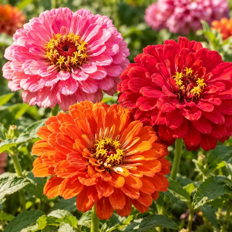 Zinnias doubles aux couleurs vives en pleine floraison.
